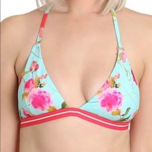 Nanette Lepore Blue Floral Triangle Bikini Top Francesca Tassels Rose Gold Sz6